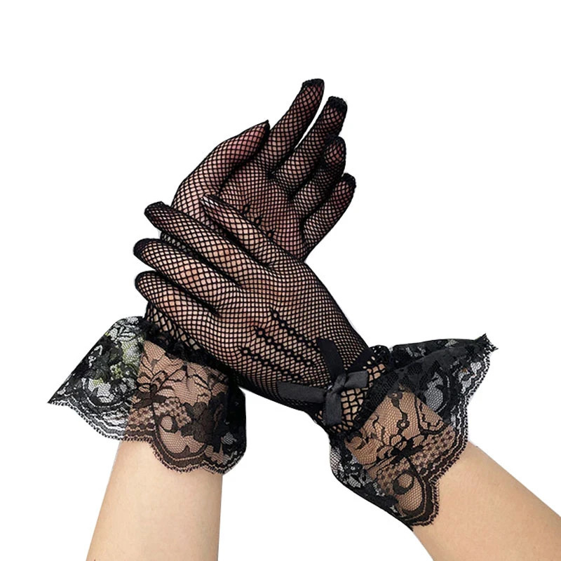 Black White Mesh Fishnet Gloves For Women Lace Bow Wrist Gloves Full Finger UV-Proof Driving Gloves Lady Sheer Fishn Net Gloves 250717
