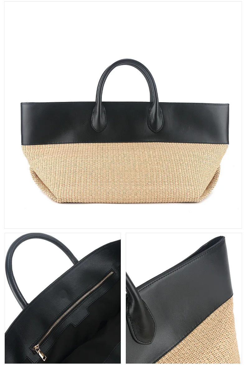 Summer Straw Shoulder Women Large Capacity Rattan Handle Splicing Color Beach Bag Genuine Leather Tote Bags For Women 250715
