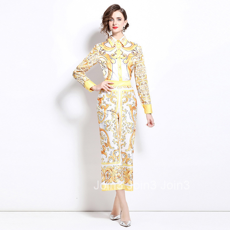 6079 Fashion Versatile Slimming Shirt with Loose Fit Printed Wide-Leg Pants Set