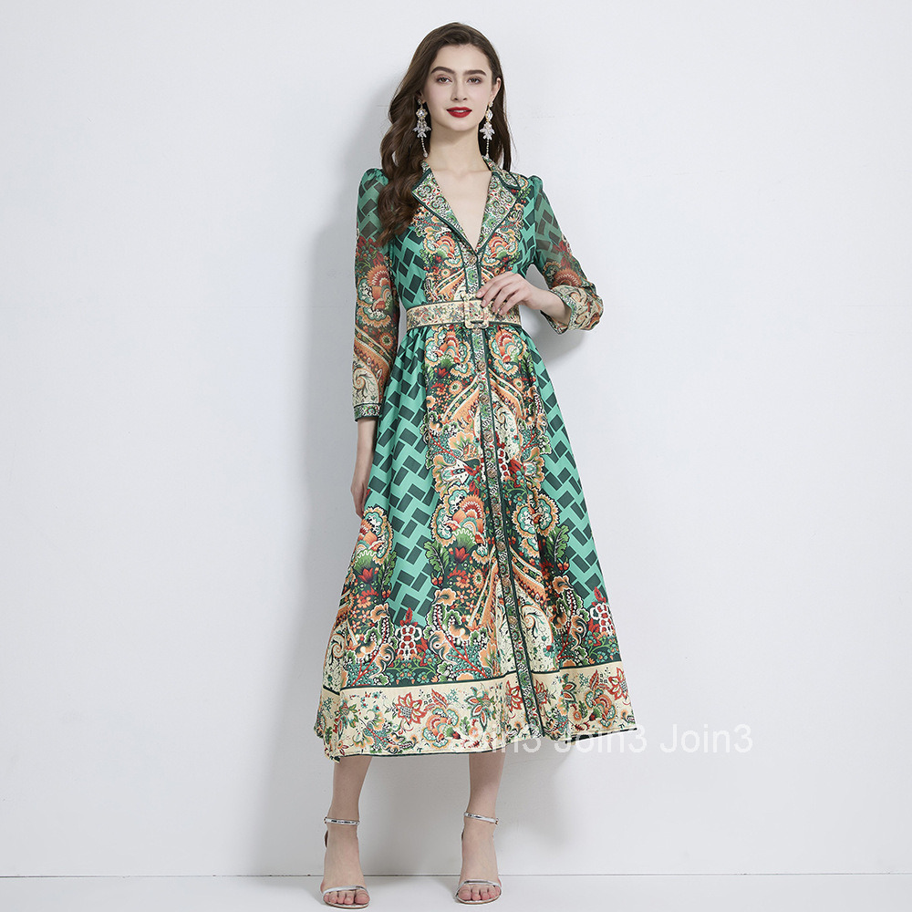 2098 Autumn New Womens Vacation Style Suit Collar Printed Long Sleeve Waist-Cinching Long Dress