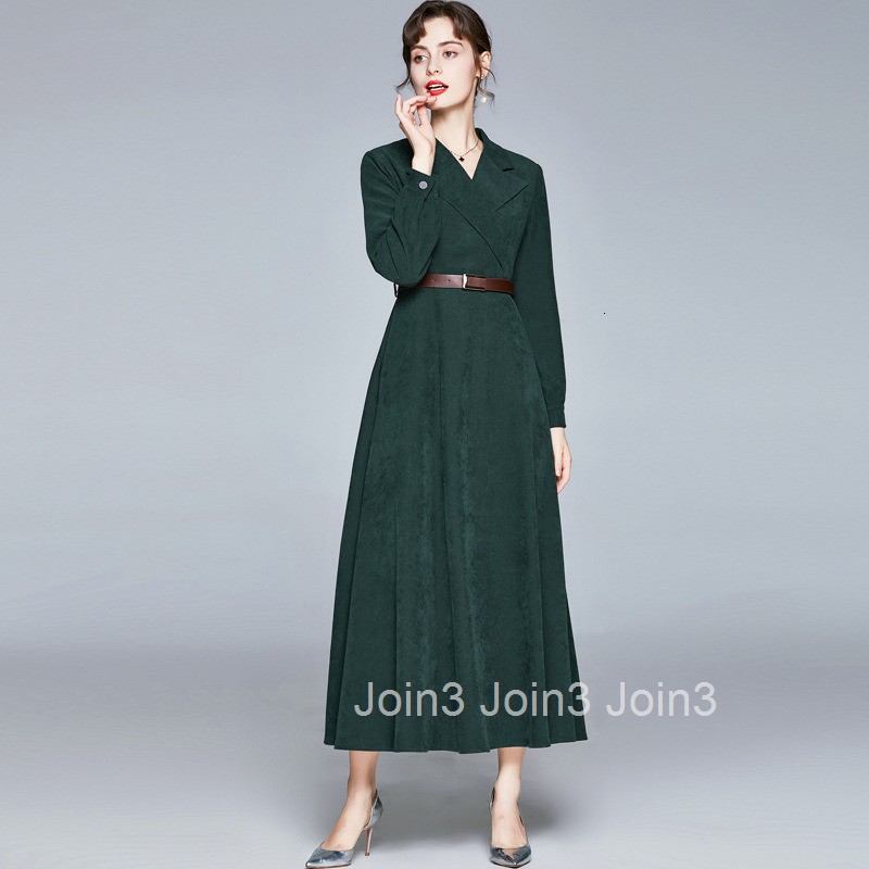 8645 autumn new womens fashion temperament high waisted suit collar long sleeved slim fit long dress
