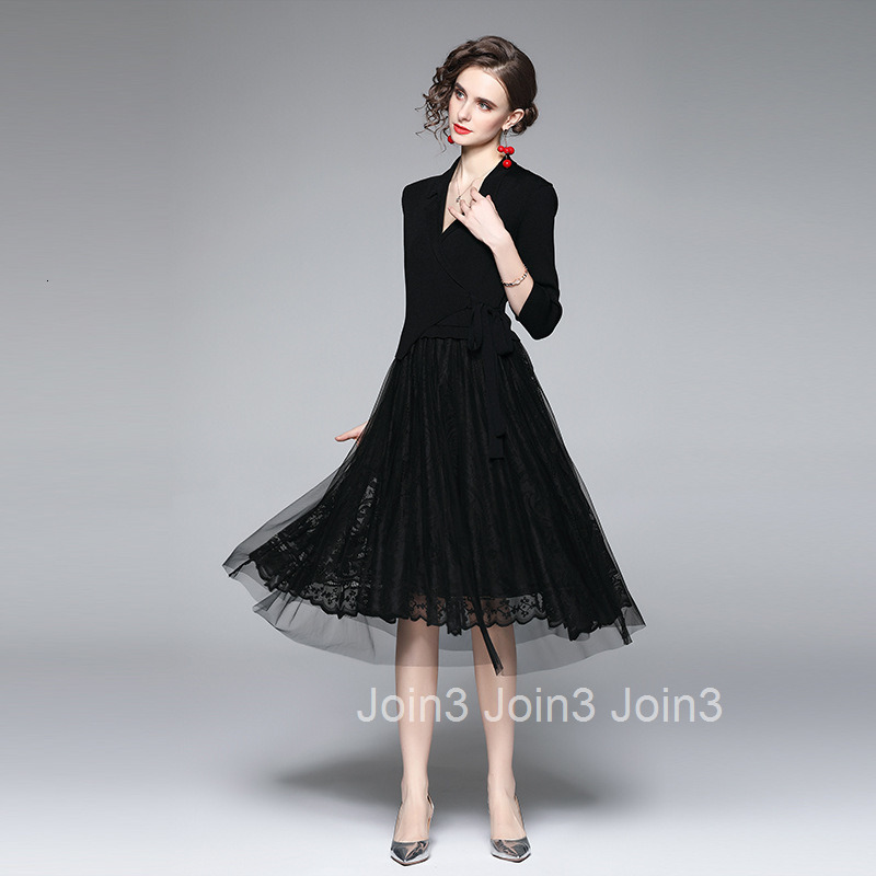 3315 Autumn New Fashionable Lace Embroidery Mesh Patchwork Knitted Fake Two-Piece Dress