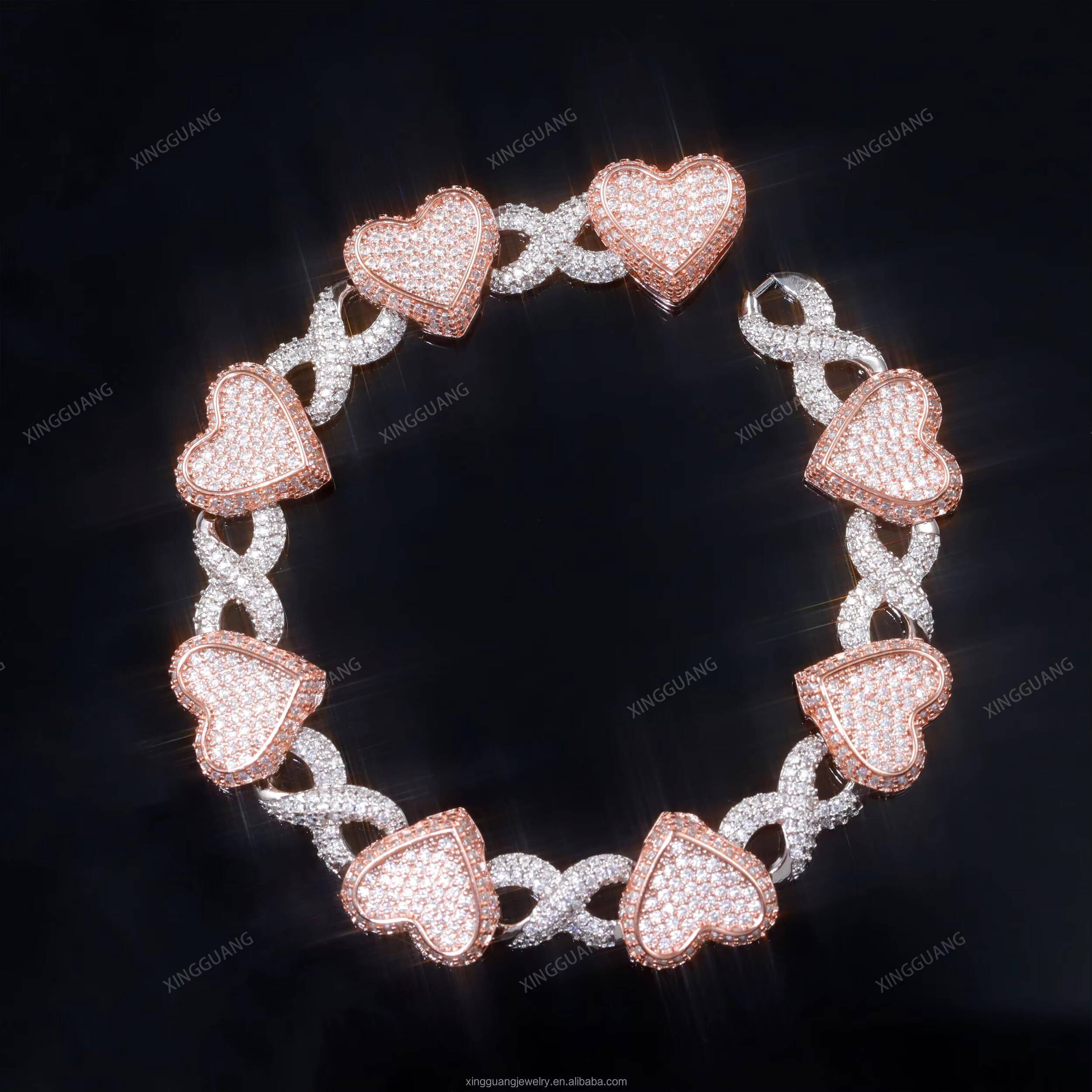 Rose Gold Iced Out Moissanite Heart Charms Infinity Links 13mm Wide S925 Sterling Silver Cuban Link Chains Bracelet Necklace