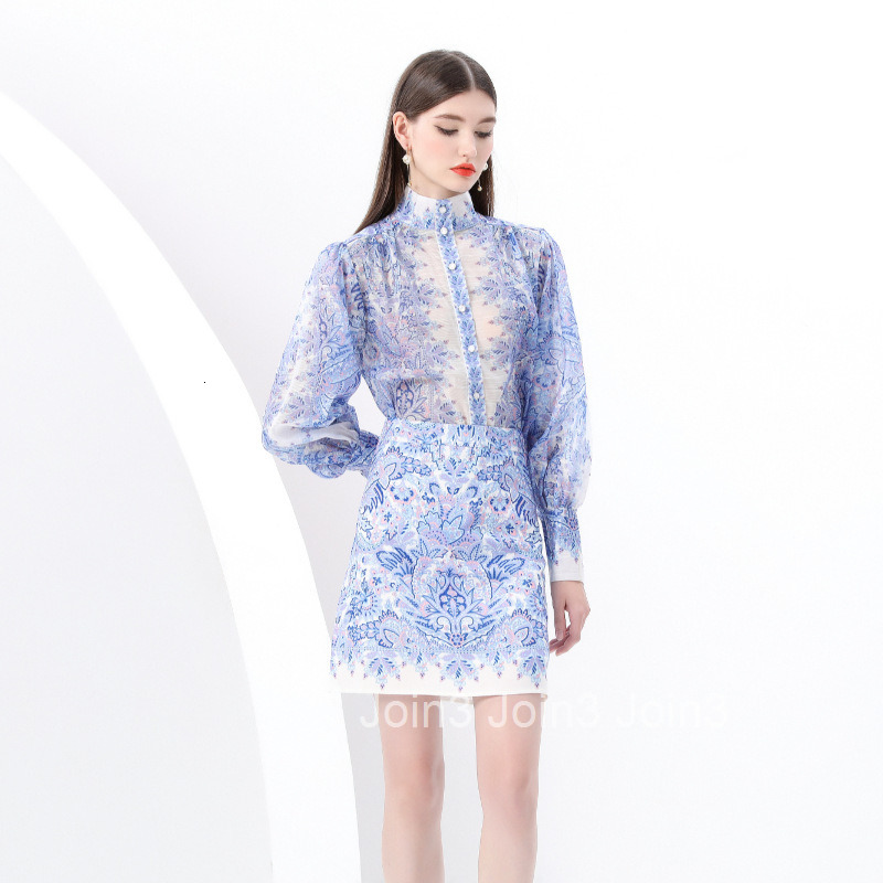 6149 Spring Summer Stand Collar Lantern Sleeve Gathered Lantern Sleeve Shirt + Short Skirt 2-Piece Set