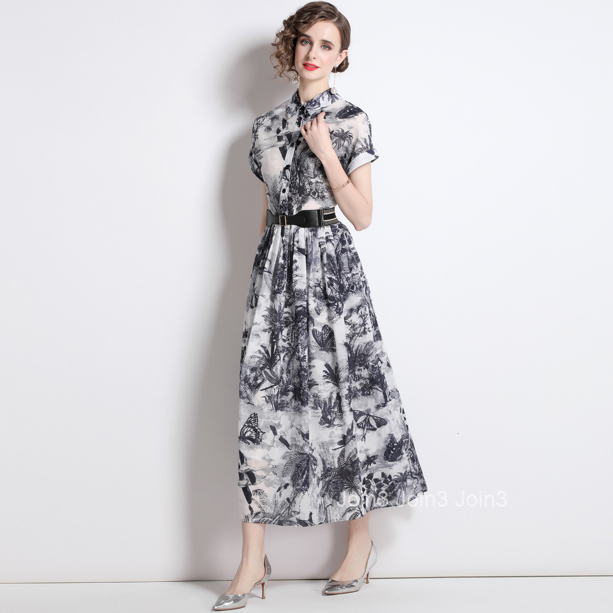 1895 Summer New Womens Printed Collar Short Sleeve Slimming Long Dress (with Belt)