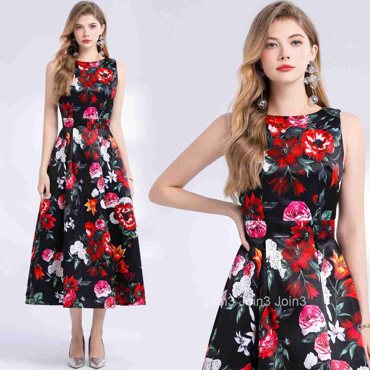 6015 Sleeveless High-Waisted Dress with Three-Dimensional Tailoring and Waist-Cinching A-Line Dress