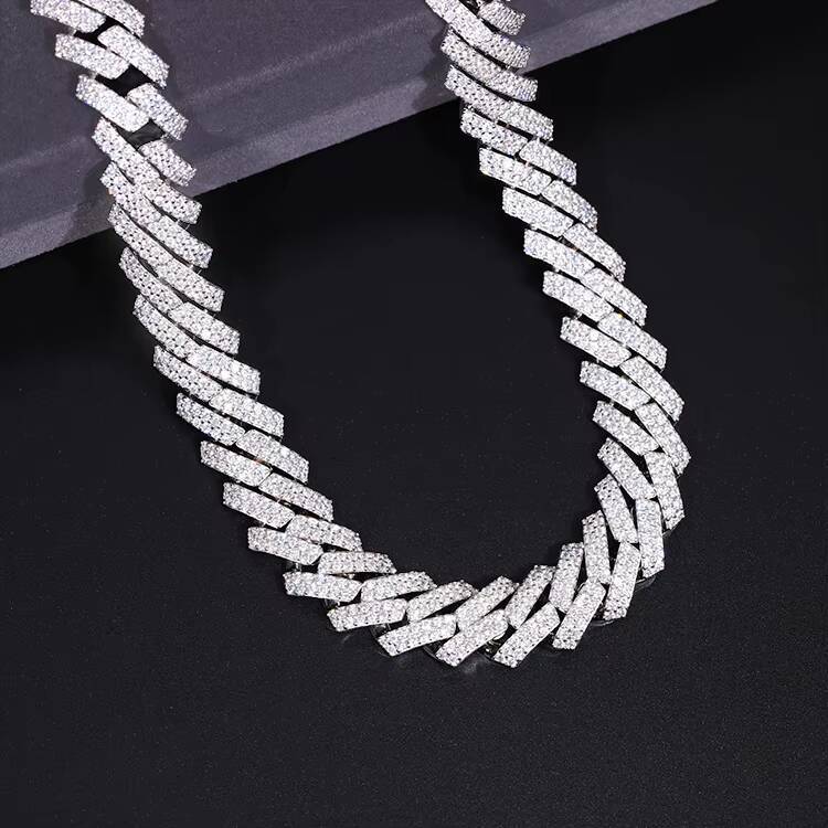 Fashion Design 15mm Wide 2Rows Moissanite Diamond S925 Sterling Cuban Link Chain