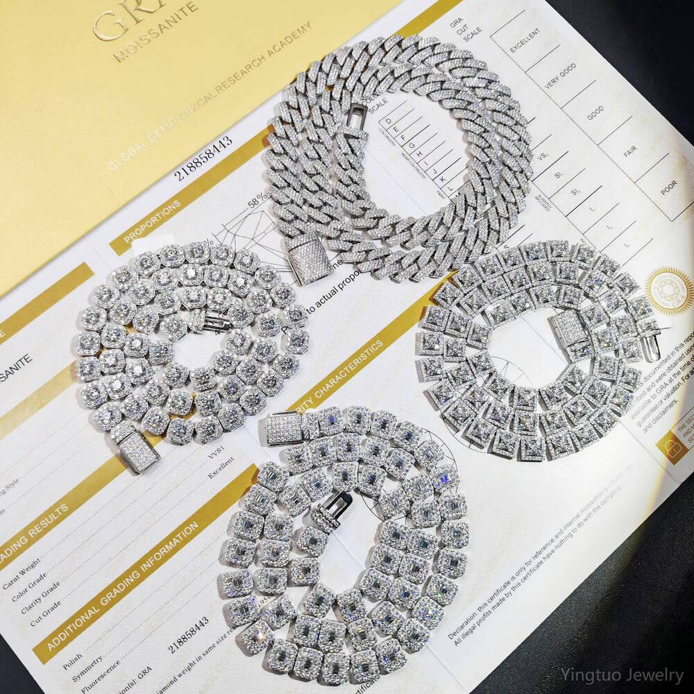Wholesales Prices Hiphop Moissanite Tennis Chian Pass Diamond Test Moissanite Bracelet Necklace for Parties With GRA