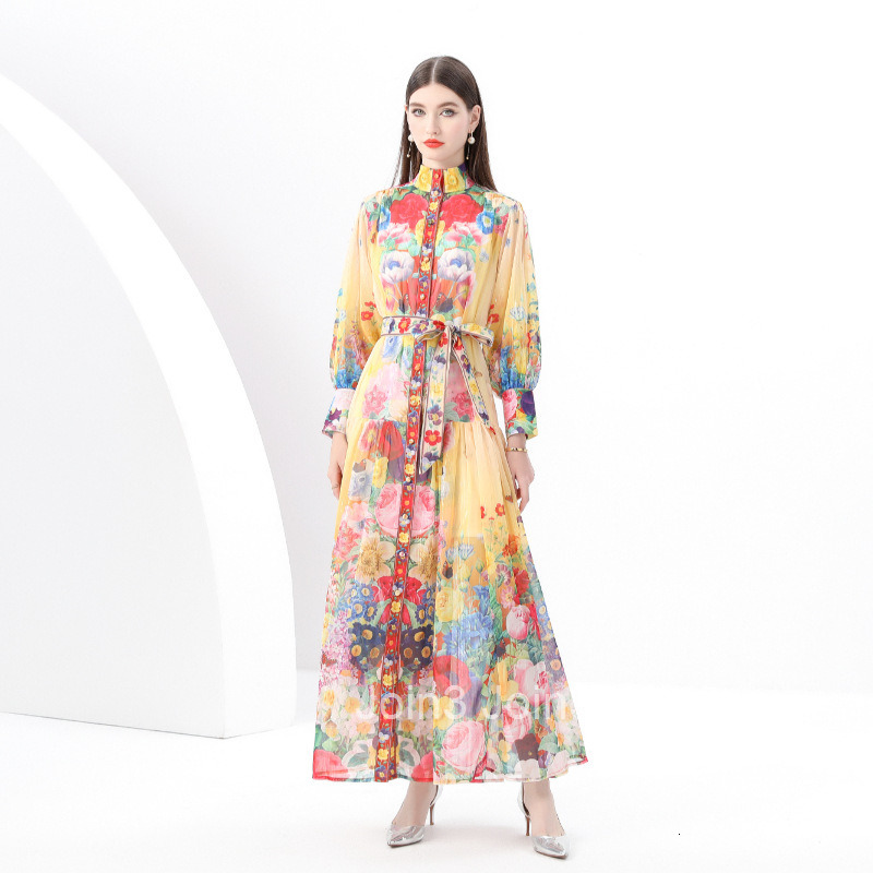 6160 Early Spring New Womens Stand up Collar Lantern Sleeve Large Swing Long Dress Printed Dress Two Piece Set