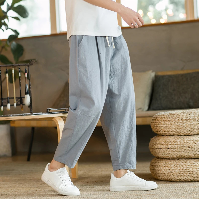Mens Trousers Cotton Linen Fashion Casual Pants Solid Color Breathable Loose Shorts Straight Drawstring Pants Streetwear Men 250717