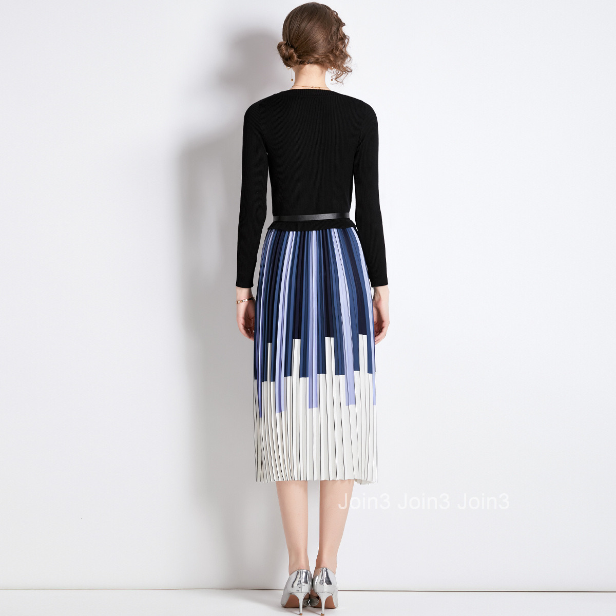 8273 Autumn Winter New Womens Fashion Elegant Long Sleeve Knitted Patchwork Color Block Printed Pleated Dress