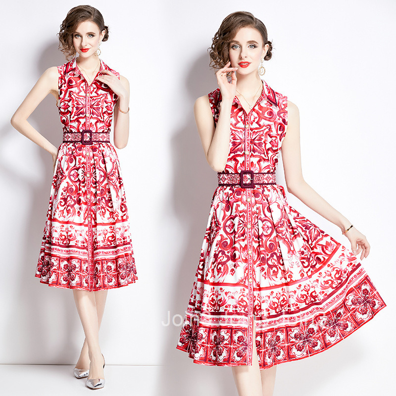 2490 Spring/Summer New Womens Printed Slimming Polo Collar Sleeveless Style Large Swing Mid length Dress