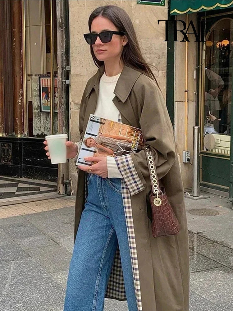 TRAF Womens Fashion Long Trench Coat Retro Loose Single-breasted Coat Autumn and Winter Lapel High Street Temperament Coat 250718