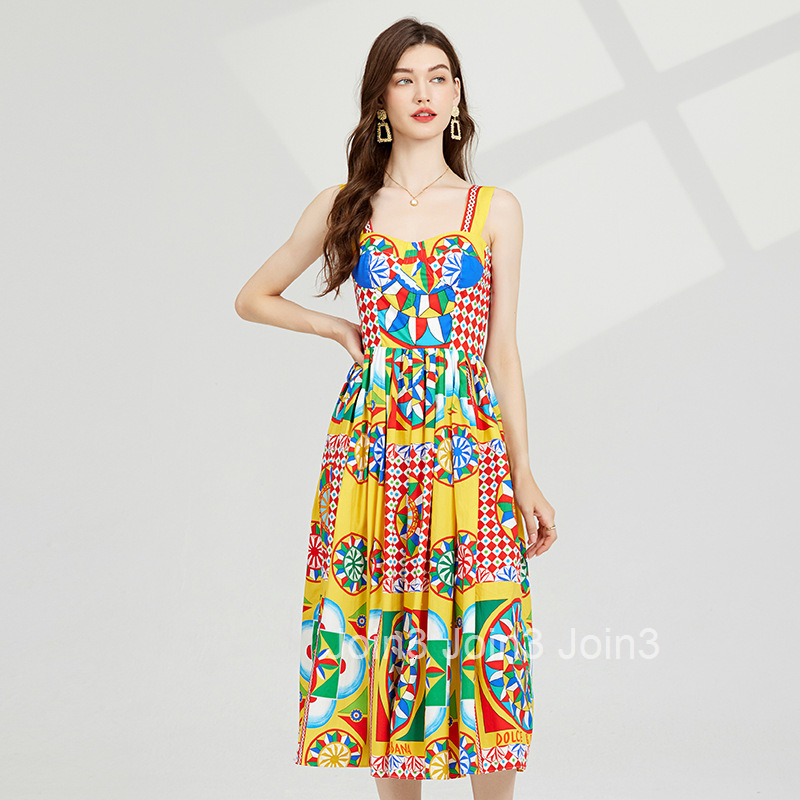 605 summer new womens printed three-dimensional strapless suspender dress with elastic back and high waist skirt