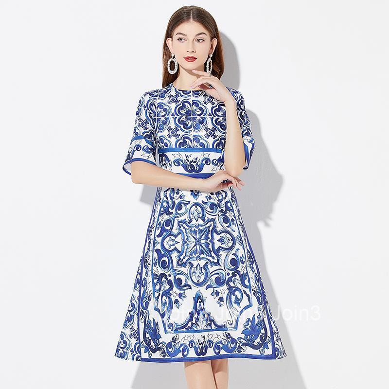 484 Summer New Womens Fashion Printed Round Neck Slimming High Waist Dress with Mid Sleeve A-line Skirt