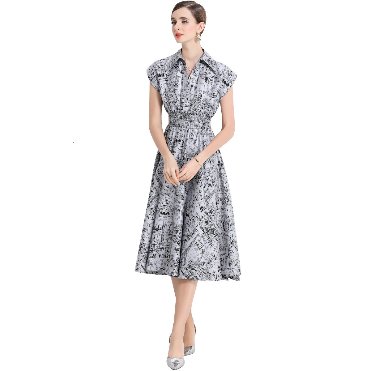 9635 Short Sleeve Dress for Women Waist-Cinching Slimming Ink Painting Jacquard Stylish Dress
