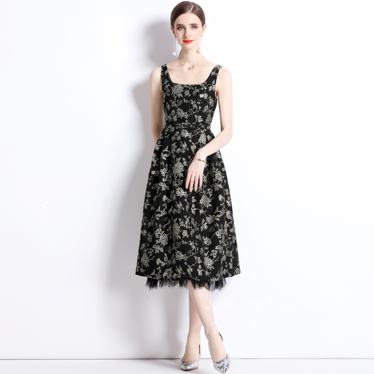 1968 Summer New Womens Fashion Elegant Jacquard Strap Waist Slimming Flared Mid-Length Dress