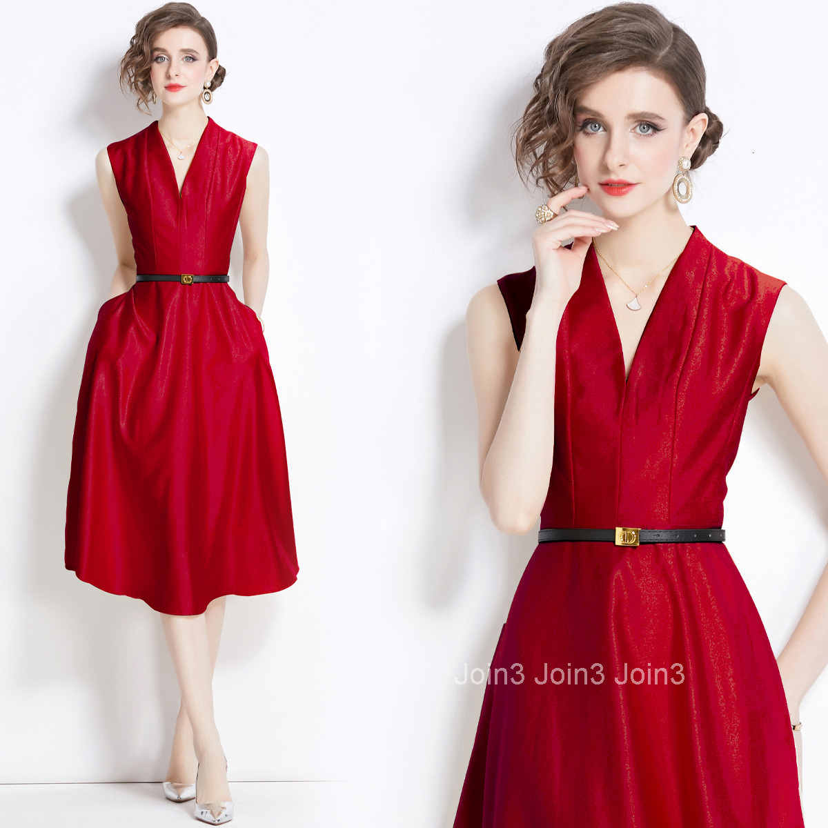 5801 Summer Dress for Women High Waist Slim Fit Sleeveless Tie Collar Mid-Length Dress