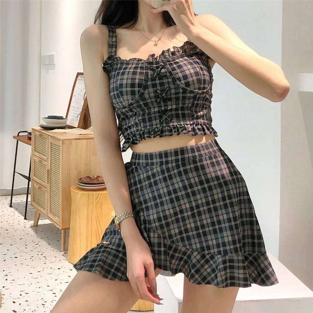 Vintage Plaid Print High Waisted Bikinis Sets Korean Swimwear Ruffled Skirts Culottes Cute Holiday Beach Wear Swimsuit