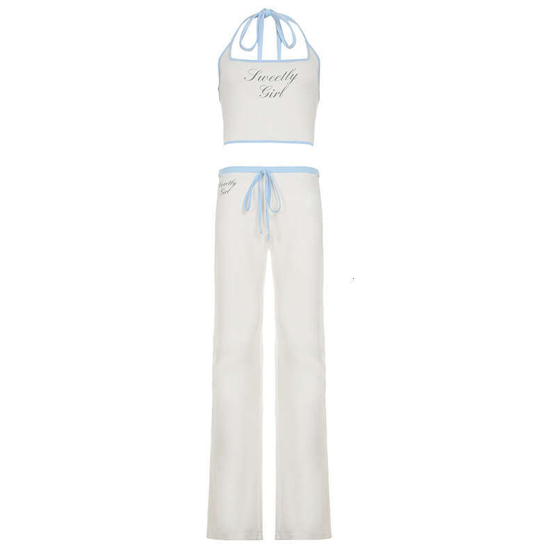 American Style Hot Girl Sports Letter Print Halter Neck Slim Fit Tie Micro Flare Pants Casual Two-Piece Set