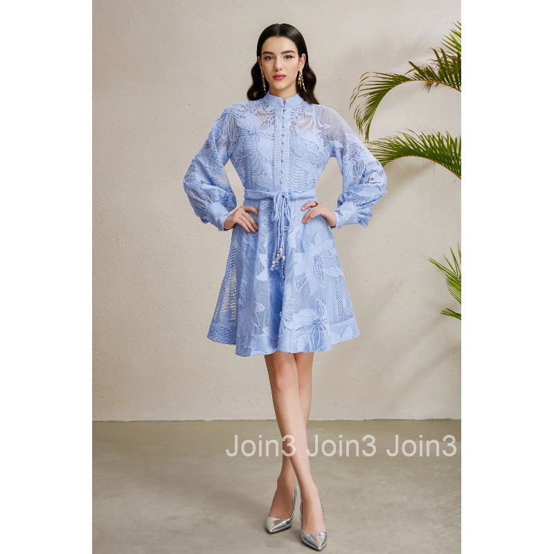 8872 Early Autumn Elegance Style Stand Collar Lantern Sleeve Gathered Wide Hem Three-Dimensional Lace Dress