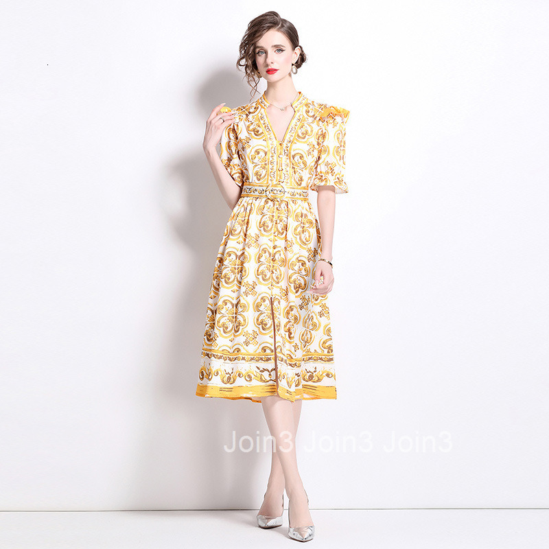 6073 Fashion Elegance Style Stand Collar Single-Breasted Printed Dress