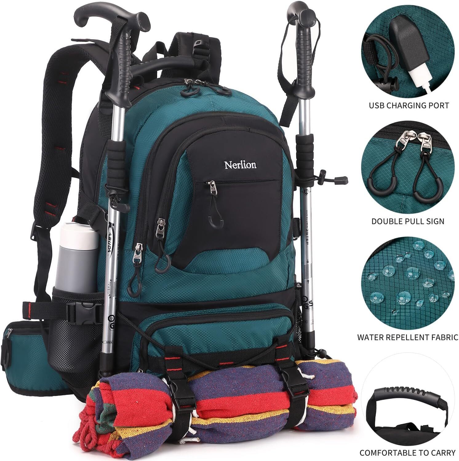 YMX 684 308 Nerlion 40L Travel for Men Women Camping Waterproof Outdoor Hiking Daypack Lightweight Backpack (Dark Green)