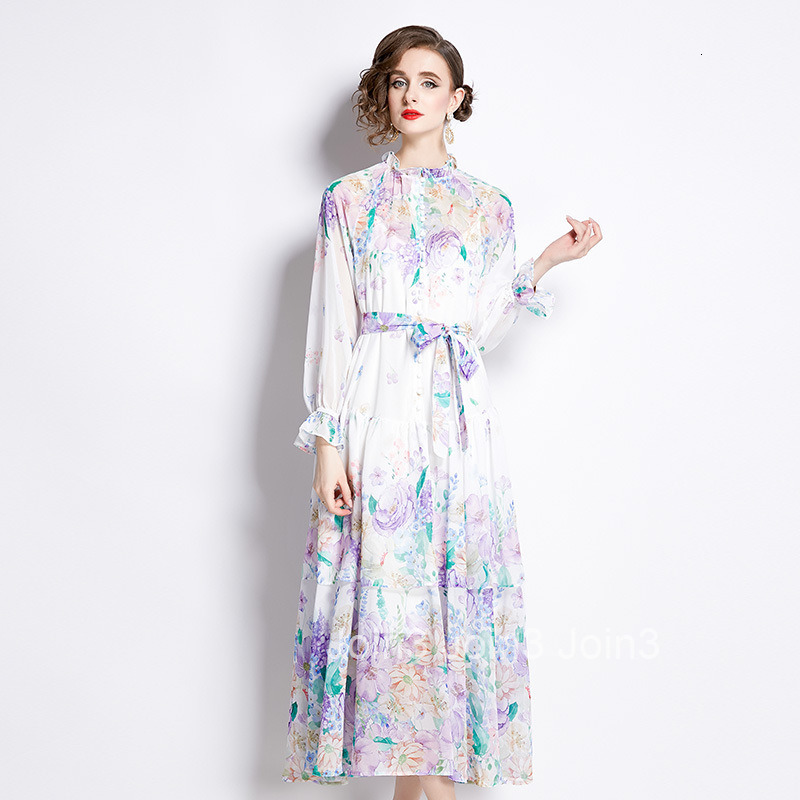 2492 Spring Summer New Womens Fashion Elegant Long Sleeve Ruffled Floral Colorful Waist-Cinching Cake Long Dress