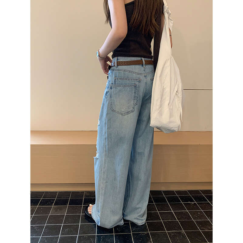 ICC American Street Style Distressed Jeans Light Blue Washed Loose Wide-Leg Pants for Women Thirteen Lines 10115