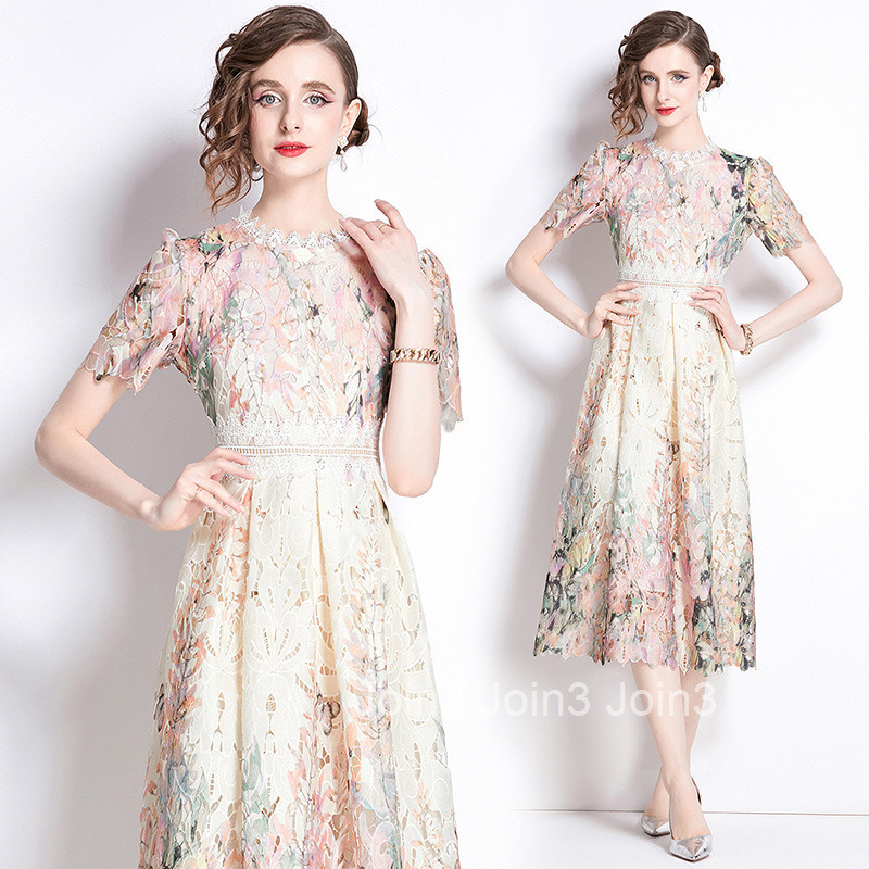 536 Summer New Womens Fashion Elegant Slim Hollow Water-Soluble Lace Printed Mid-Length Dress