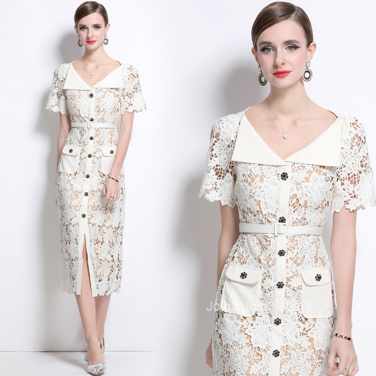 1695 Fairy Dress Three-Dimensional Jacquard Hollow Water-Soluble Lace Waist-Cinching Mid-Length Dress with Belt