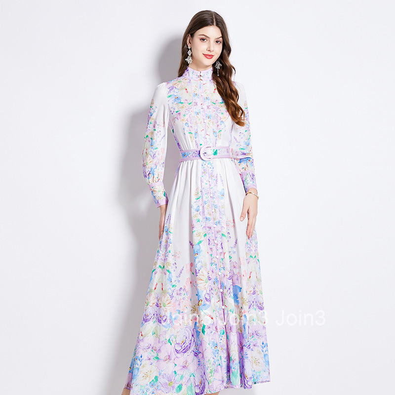 2563 Spring Summer Vacation New Womens Floral Oil Painting Style Stand Collar Long Sleeve Flared Long Dress