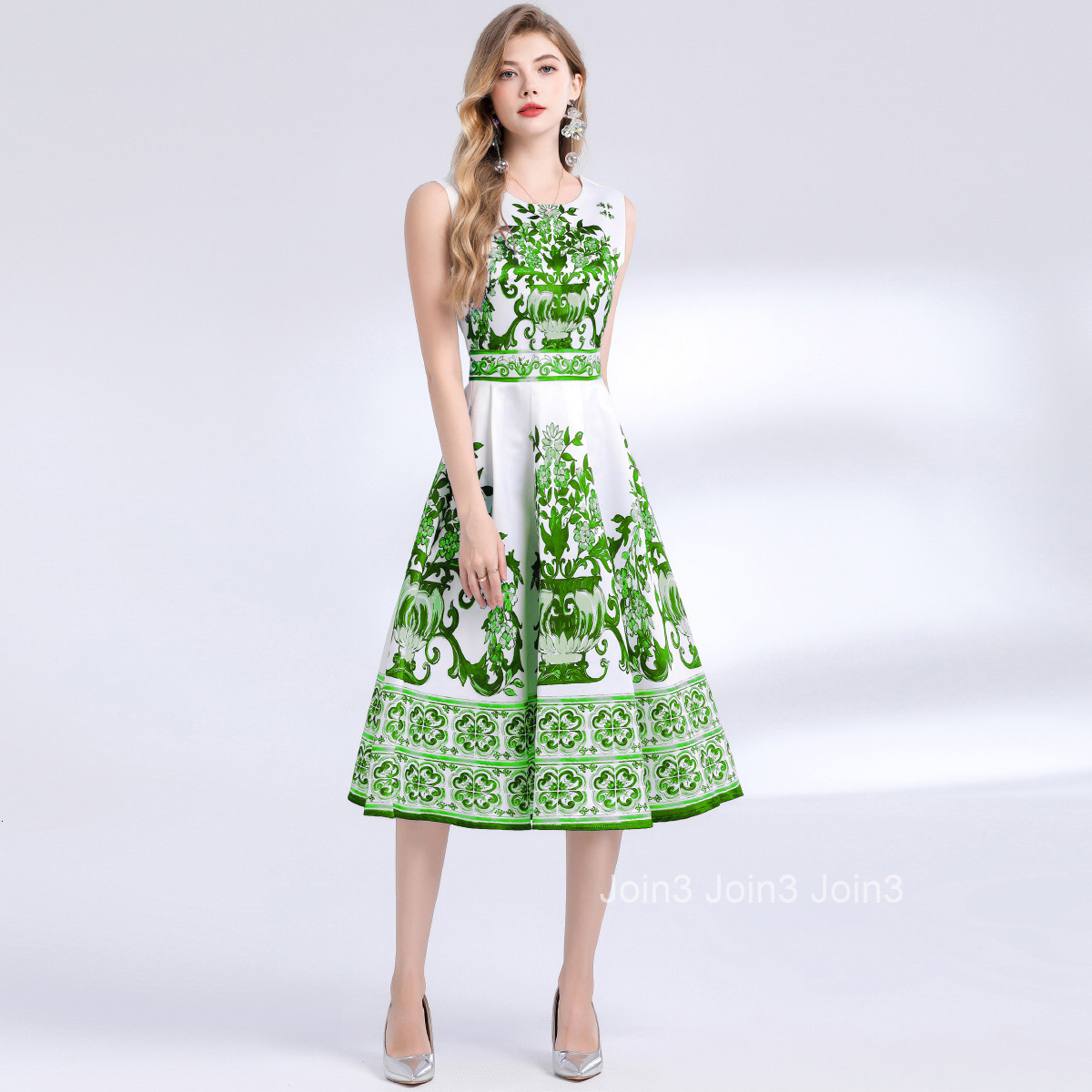 9016 Waist Slimming Sleeveless Printed Midi Dress