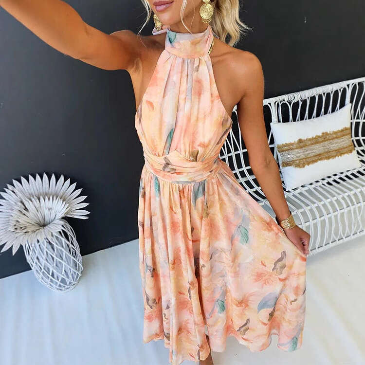 2025 Summer New European and American Hot-Selling Foreign Trade Women's Vacation Style Sleeveless Printed Backless Dress