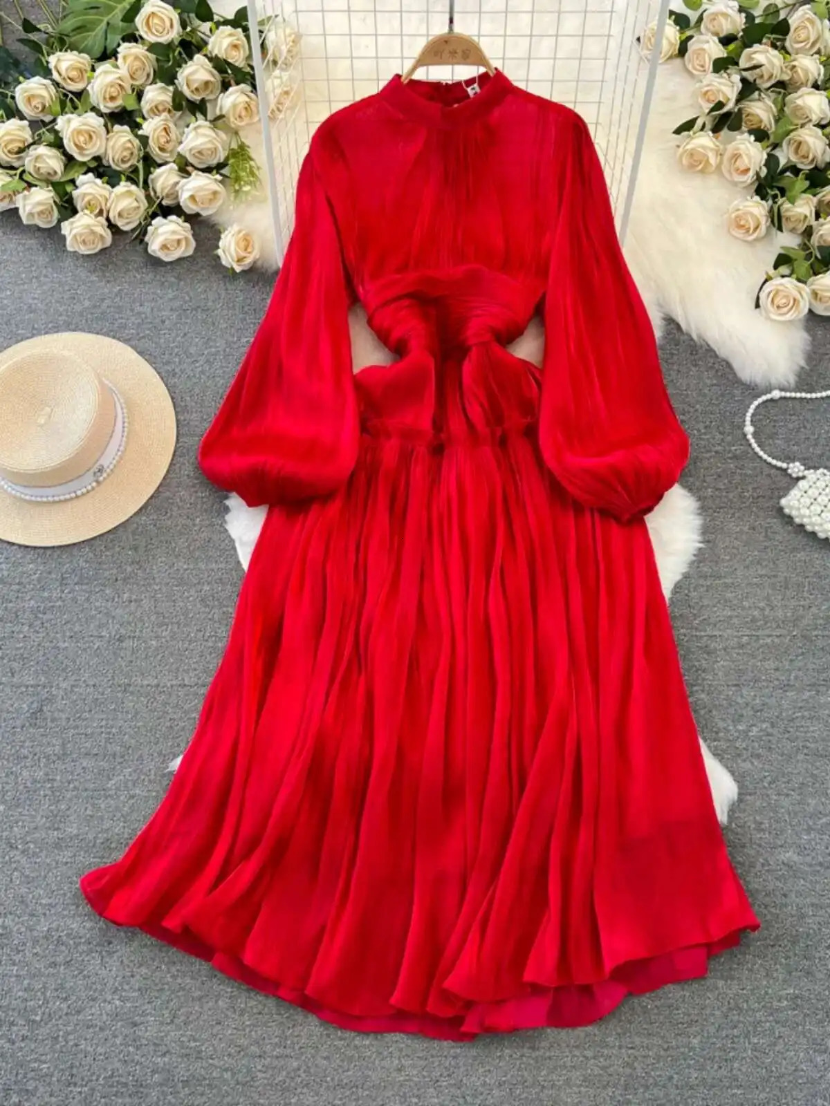 Elegant Long Sleeve Midi Party Dresses Women Summer Autumn Bright Faux Silk Retro Solid Evening Party Vestidos 250715