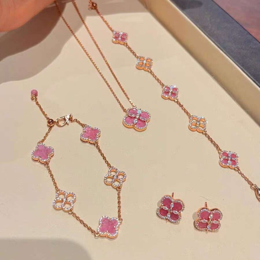 designer jewelry Rose Pink Flower Clover bracelet Set for Women with gift box