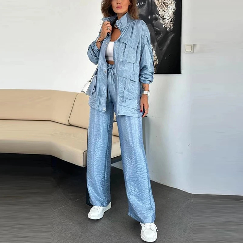 Women Casual Pockets Loose Sport Outfits Fashion Stand Collar Coats Long Pants Suits Elegant Long Sleeve Solid Color 2Pc Sets 250715