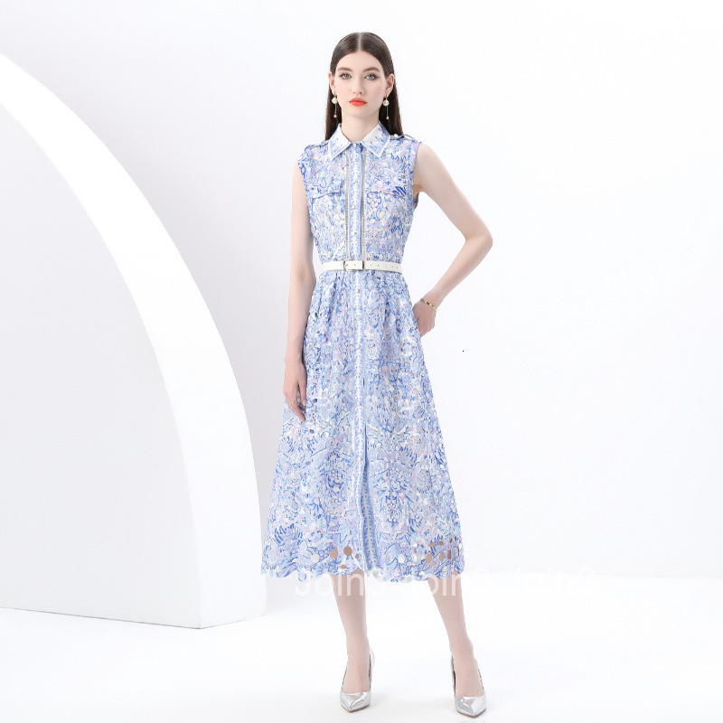 6196 Early Spring New Womens Fashion Elegant Lace Collar Waist-Cinching Sleeveless Long Dress Printed Dress