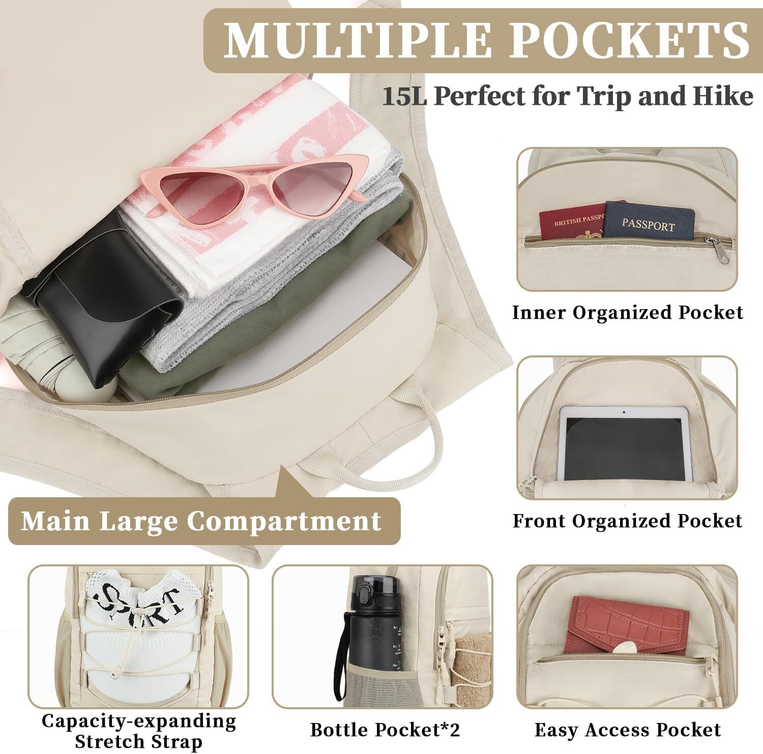 YMX ZOMFELT Hiking Women Men, 15L Lightweight Packable Backpack Trip, Water Resistant Small Travel Backpacks, Foldable daypack for Hiking, Walking, Cy