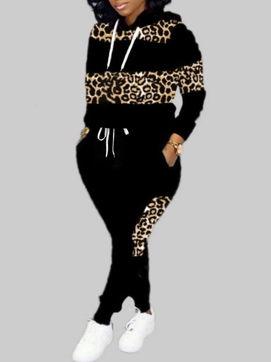 LW Plus Size Hooded Collar Leopard Print Tracksuit Set Drawstring Long Sleeve Hoodie Pocket Pants Two-Pieces Set 250714