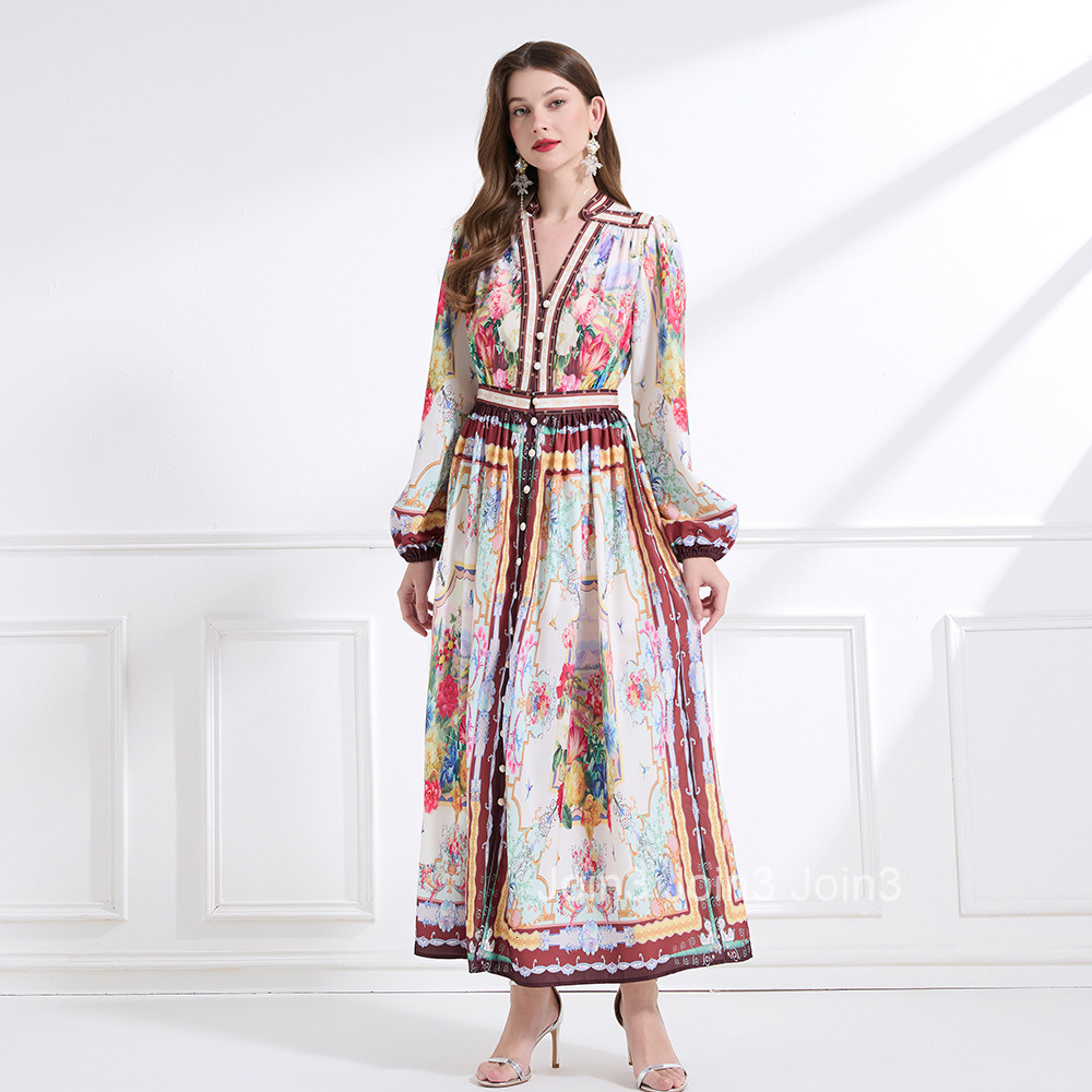2190 Spring New Womens Fashion Elegant V-neck Single-breasted Printed Long Sleeve Waist-cinching Long Dress