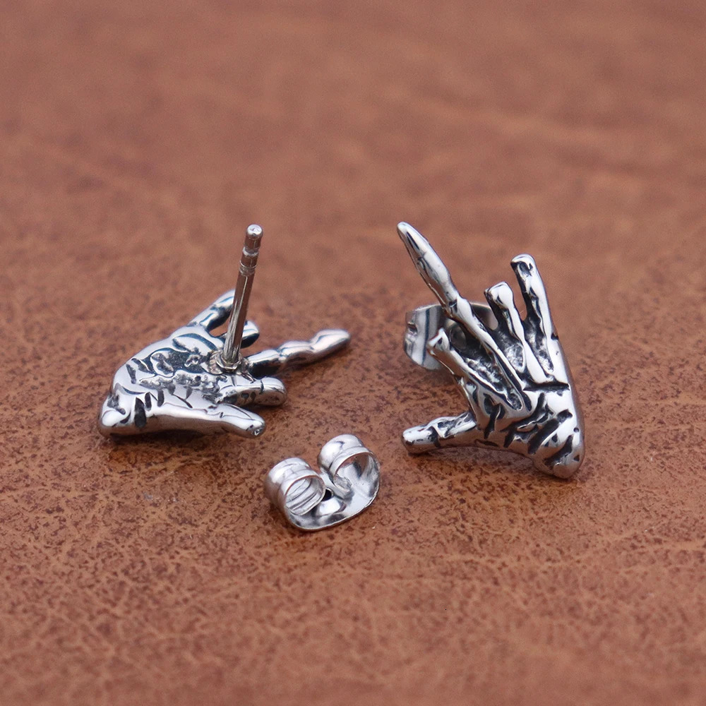 Punk Rock Personalized Ghost Hand Stud Earrings for Men Boy 316L Stainless Steel Gothic Erect Middle Finger Earrings Accessories 250715