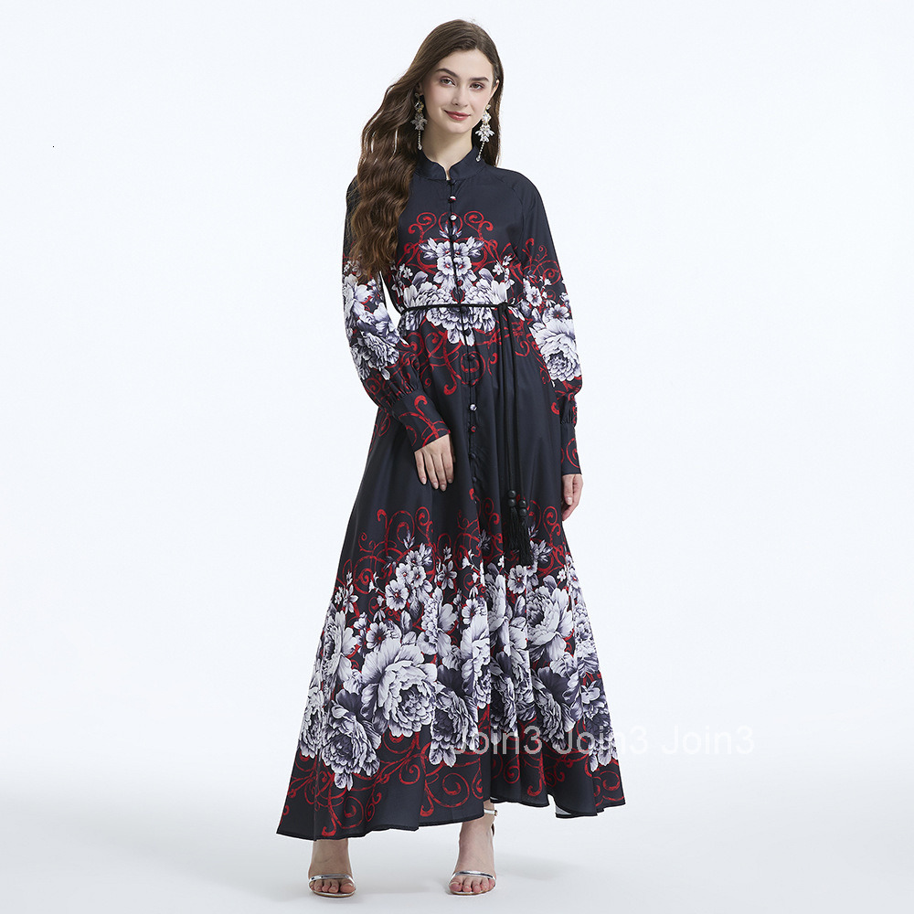 2100 Spring and Autumn New Womens Clothing Elegance Style Lantern Sleeve Printed Stand Collar Waist-Cinching Long Dress