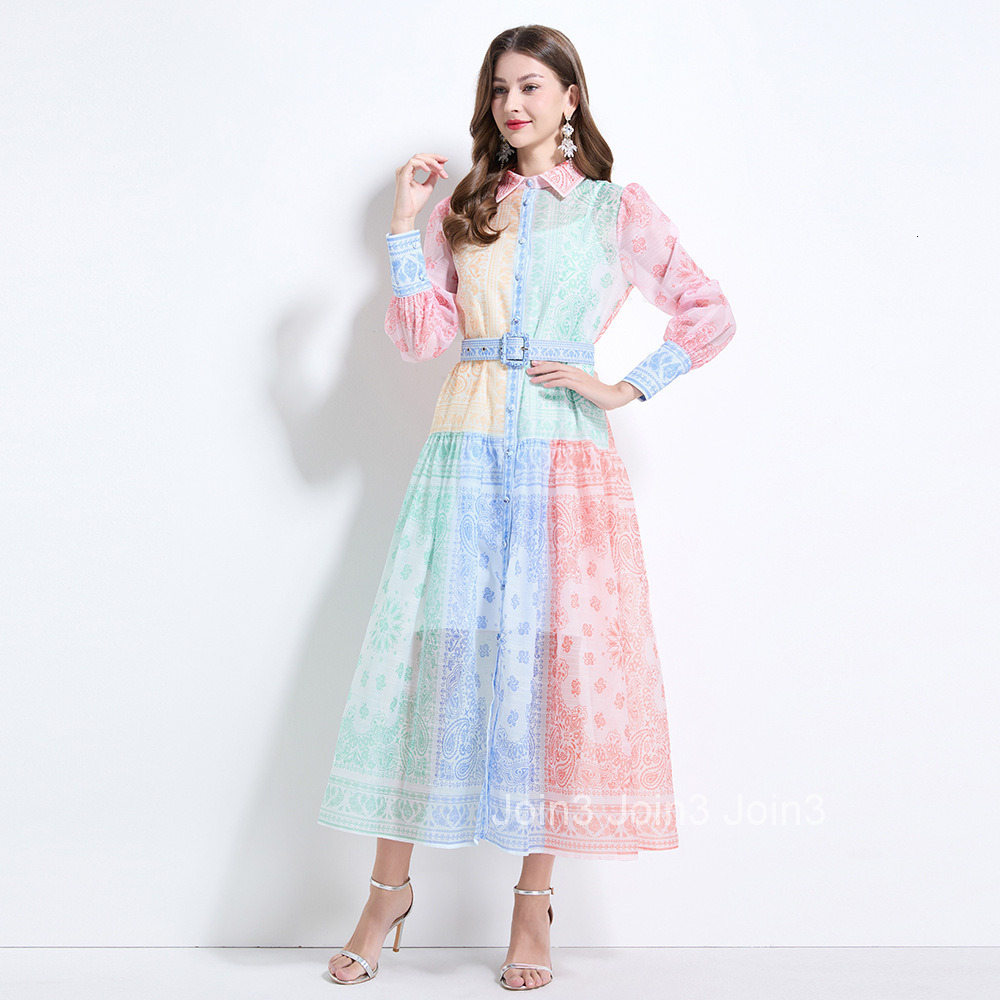 2151 vacation style color blocked paisley square scarf printed waist cinching jumpsuit long dress - with camisole included