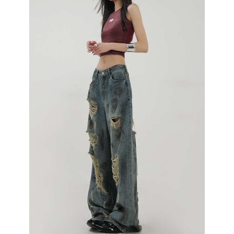 Post-Apocalyptic Ink-Splattered Ripped Jeans for Women, Spring/Summer New Design, Low Waist, Slimming, Wide-Leg, Floor-Length Pants