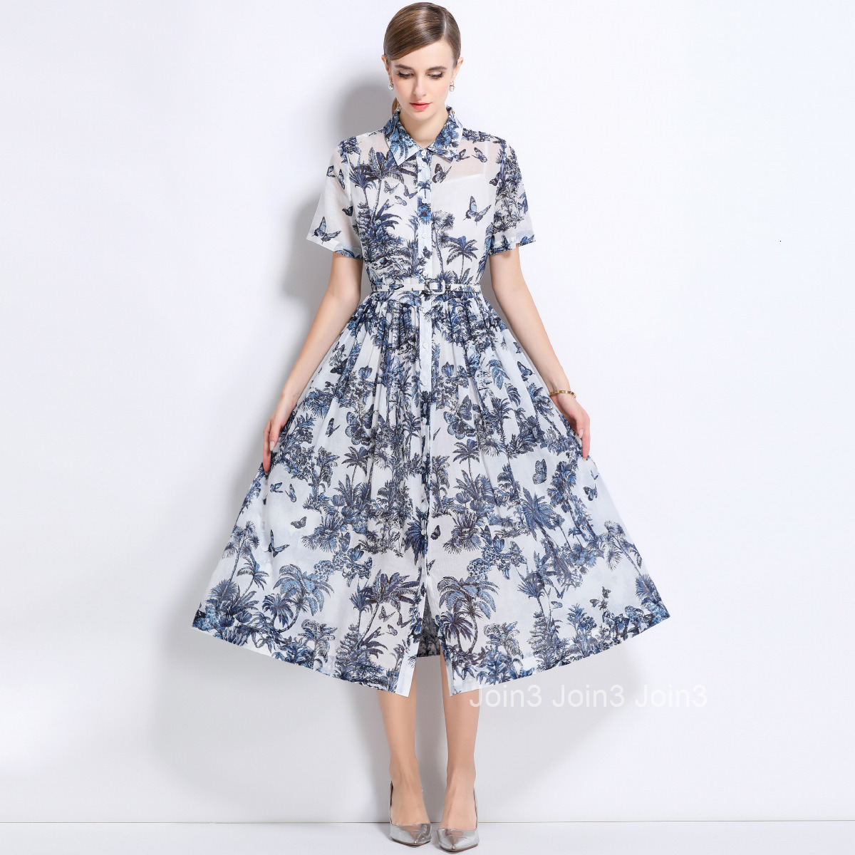 5885 Slim Fit Simple Turn-Down Collar Printed Short Sleeve Flared Womens Shirt Long Dress