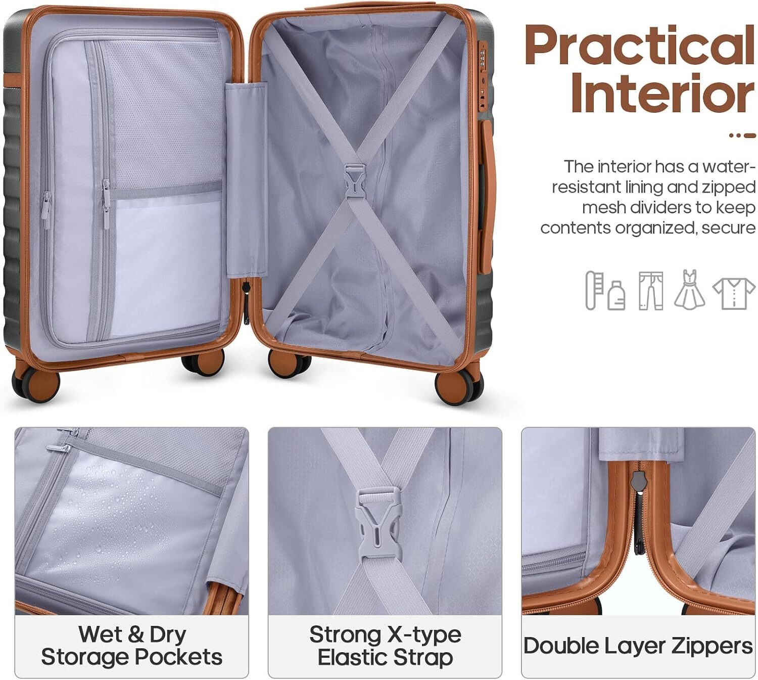 UKEIN Sets Piece Lage 20 Inch Spinner Wheels PC Hardside Set with TSA Lock Durable Carry On Suitcase With Travel designer bag Backpack for Men Grey 3 