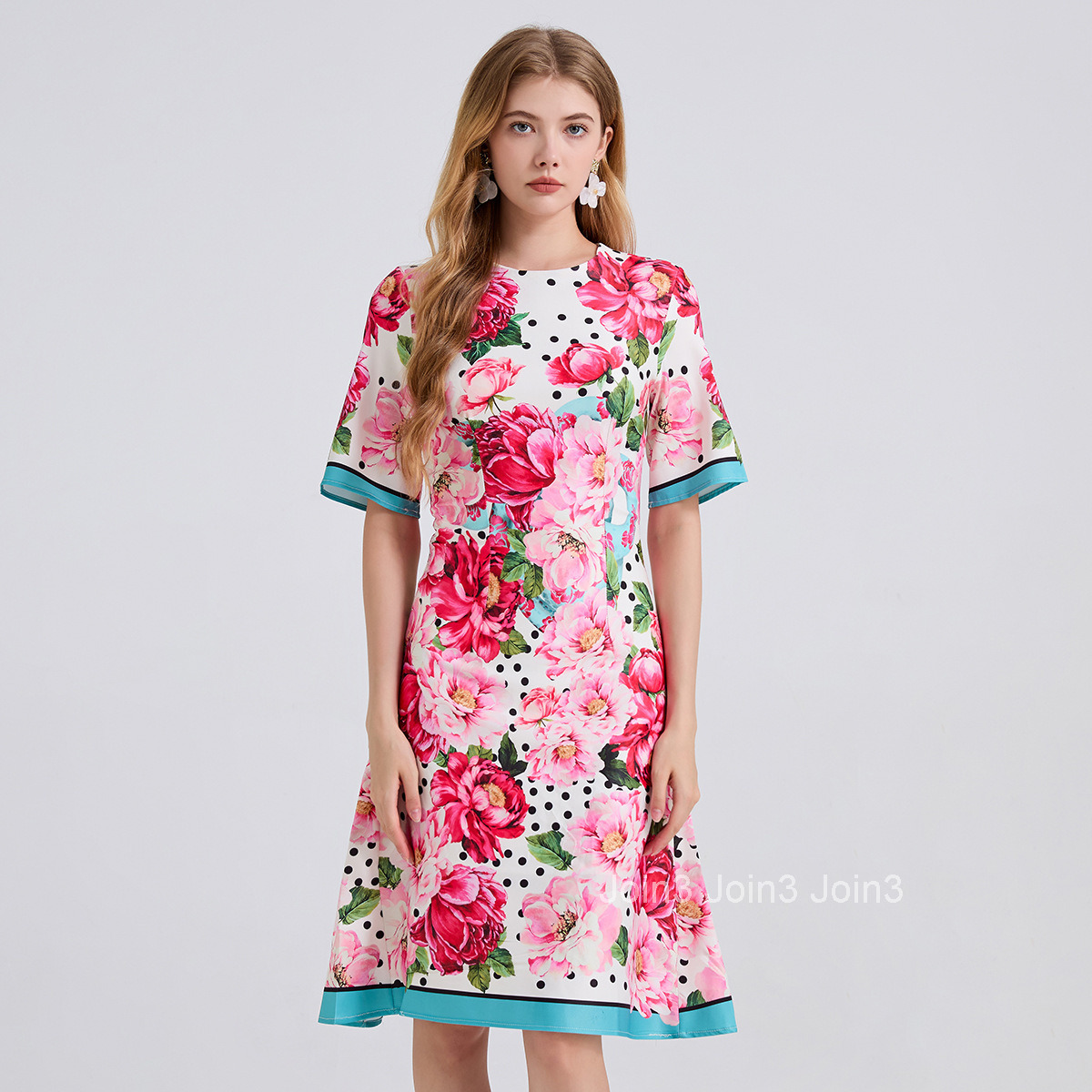 820 Summer New Printed Positioning Round Neck Slim High Waist Dress Slim Fit Mid Sleeve Dress