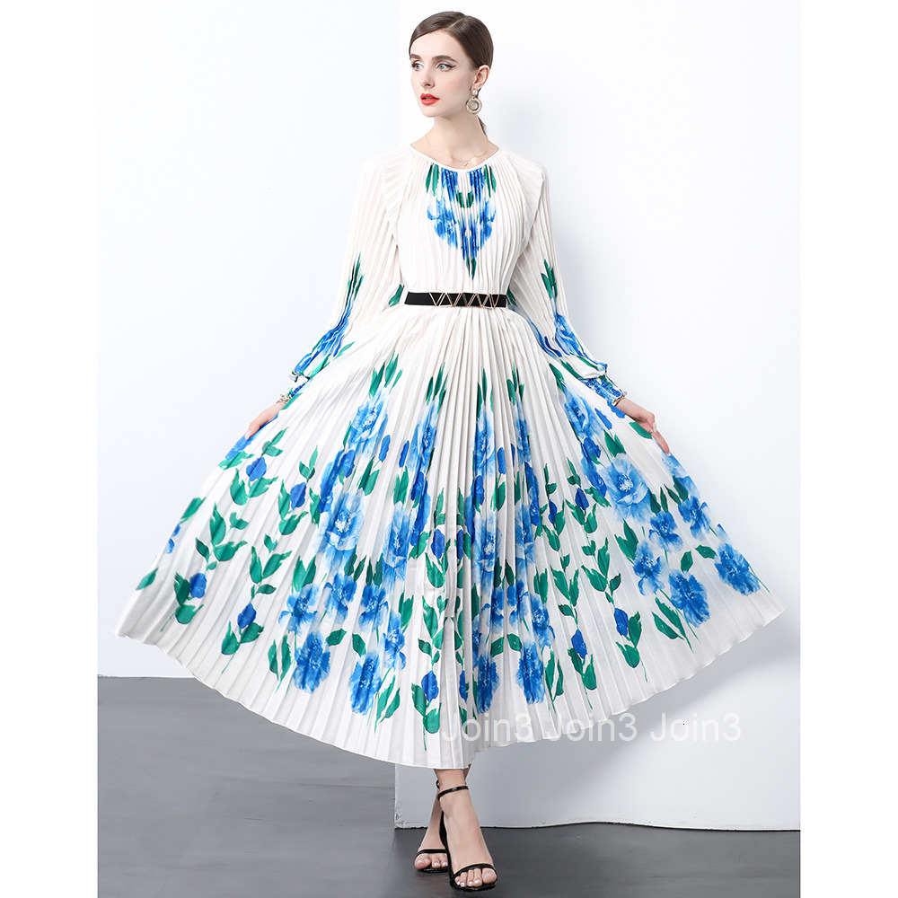 9853 autumn new womens clothing temperament printed pleated long sleeved long skirt with large swing pleated dress