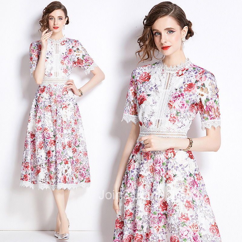 6949 Summer New Womens Elegant Lace Splicing Printed Waist Collection Dress